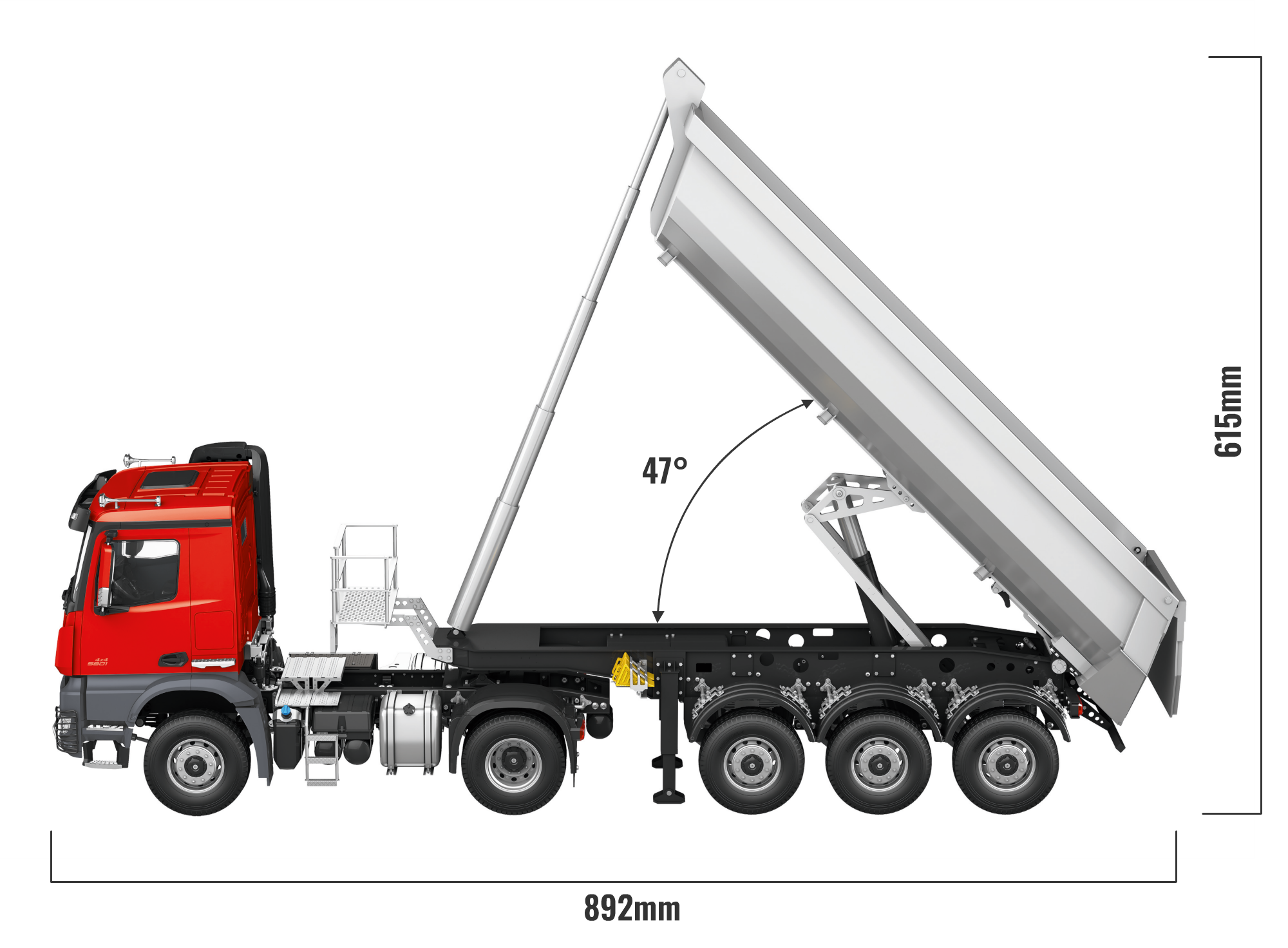 Mercedes-Benz Arocs Sattelzug mit Kippauflieger Kiwwinkel und Länge