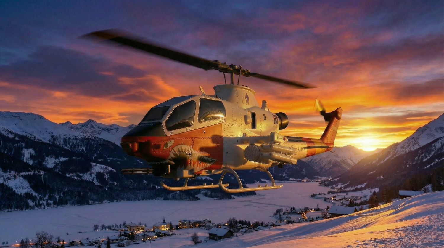 Bell AH-1 Arctic Cobra Flug in der Dämmerung