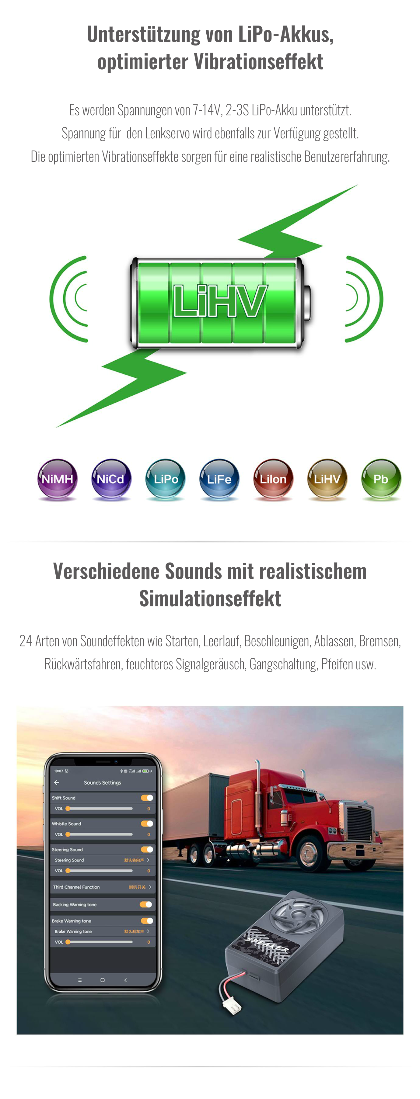 Verschiedene realistische Sounds. Unterstützt alle Akkusysteme